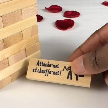 Jenga coquin blocs en bois défis en français fond blanc