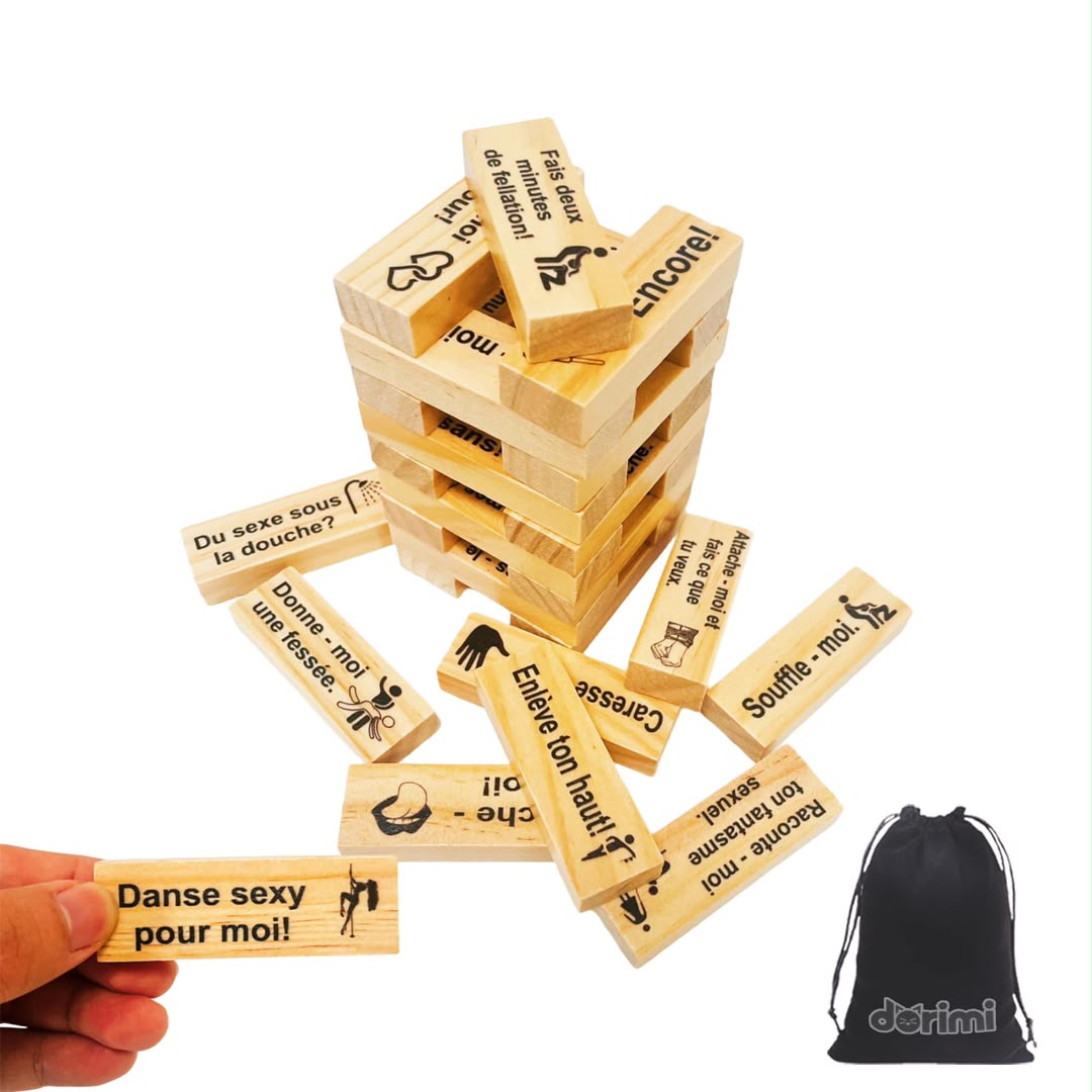 Jenga coquin couple qui s'embrasse blocs français