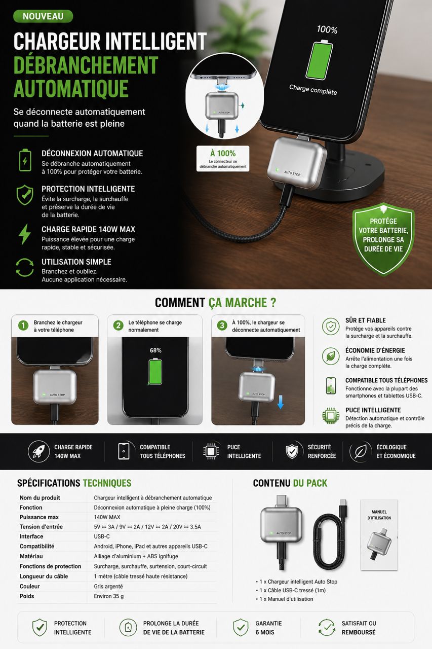 Chargeur Intelligent Auto Stop — Déconnexion Automatique à 100 %