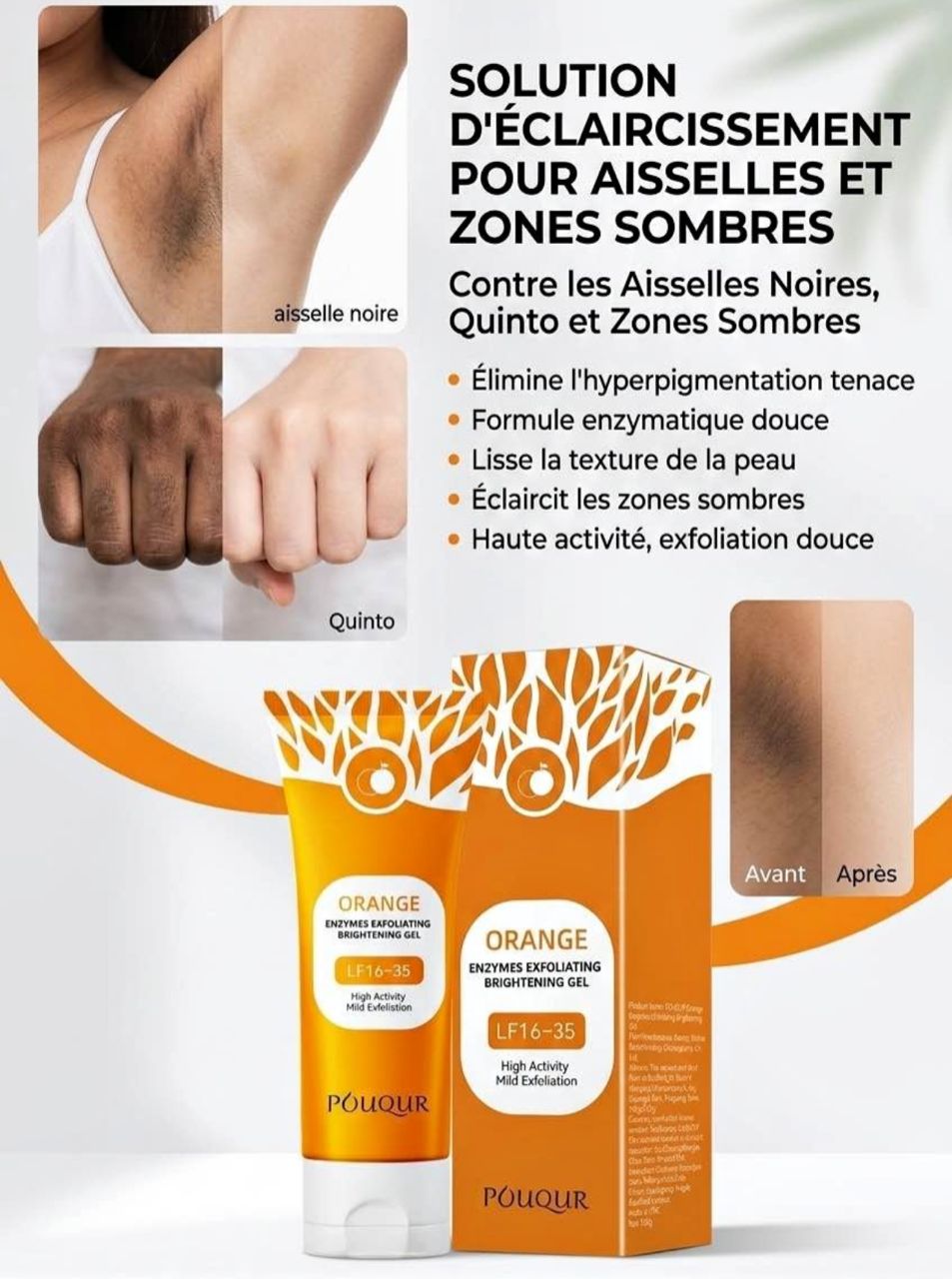 POUQUR Orange Enzymes – Gel Exfoliant Éclat Anti-Taches & Vergetures ,pour Entrejambes et Cou Noir
